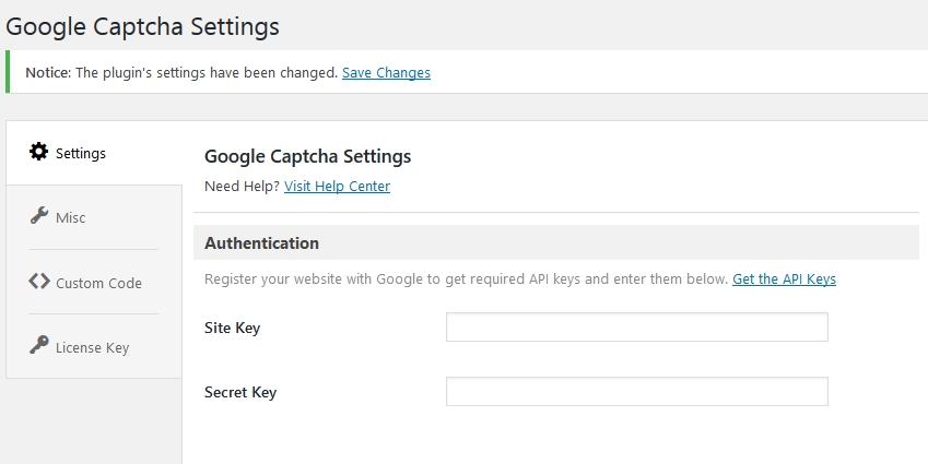 Google Captcha Setting　サイトキーとシークレットキーを入力