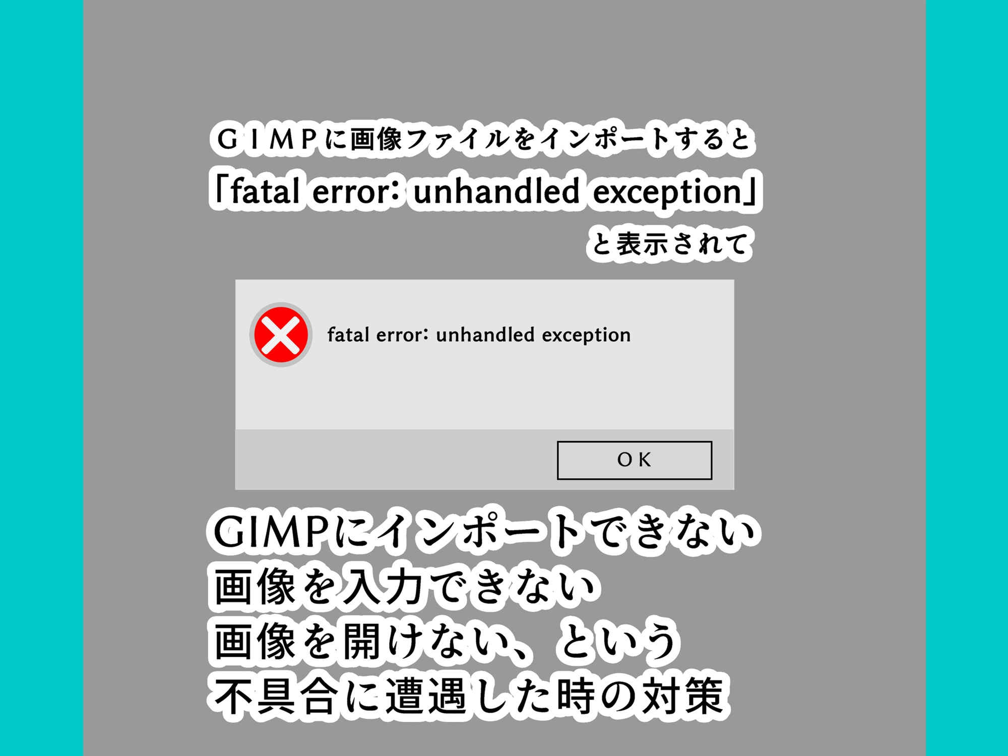 GIMPで「fatal error: unhandled exception」というエラーが表示されてJPG画像ファイルがインポートできない問題への対策方法