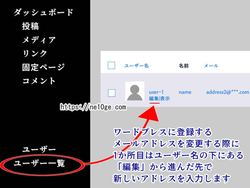 ワードプレスに登録するユーザーのメールアドレスを変更する方法